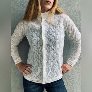 VTG 1960s Montgomery Ward White Eyelit Crochet Lace Cardigan Sweater Sz 40
